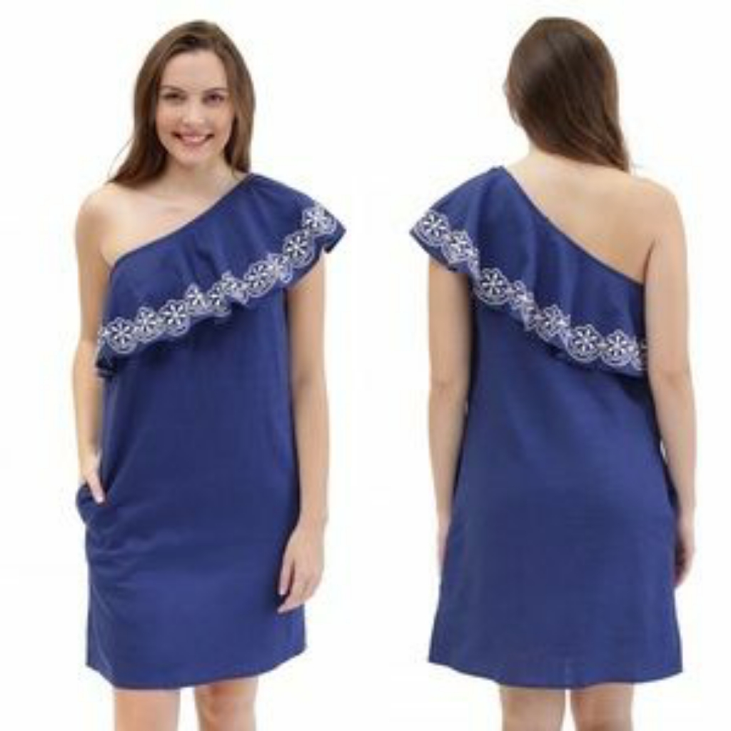 Nwt Sloane Ranger Navy One Shoulder Ruffle Dress